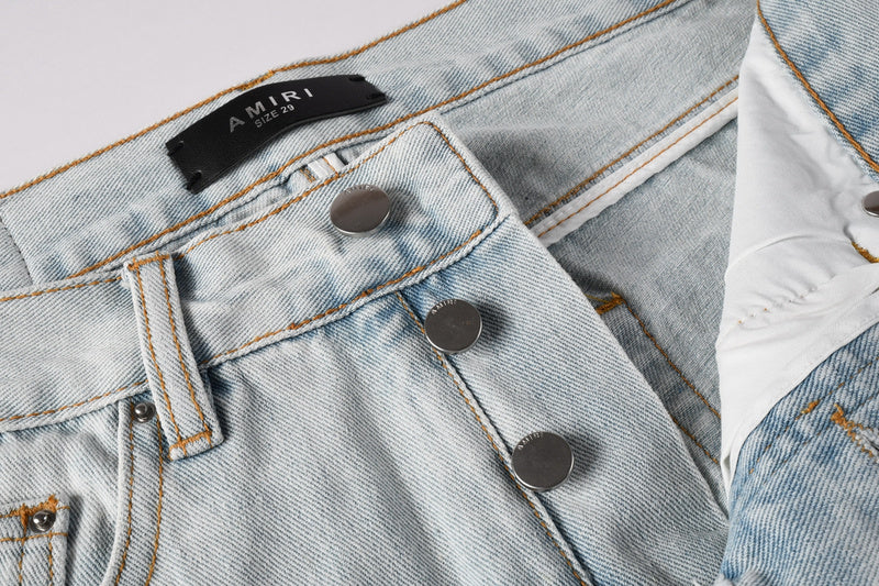 AMIRI Straight Leg Jeans – Light Blue Washed Distressed Denim