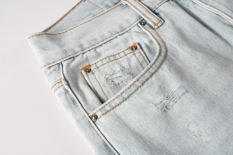 AMIRI Straight Leg Jeans – Light Blue Washed Distressed Denim