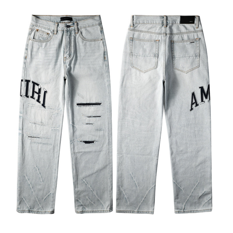 AMIRI Straight Leg Jeans – Light Blue Washed Distressed Denim